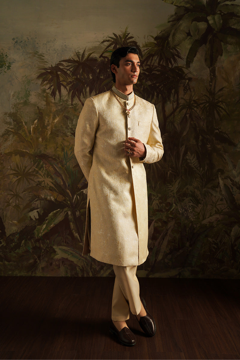 Republic By Omar Farooq | Sherwani Couture | "Azar" Beige Embroidered Sherwani