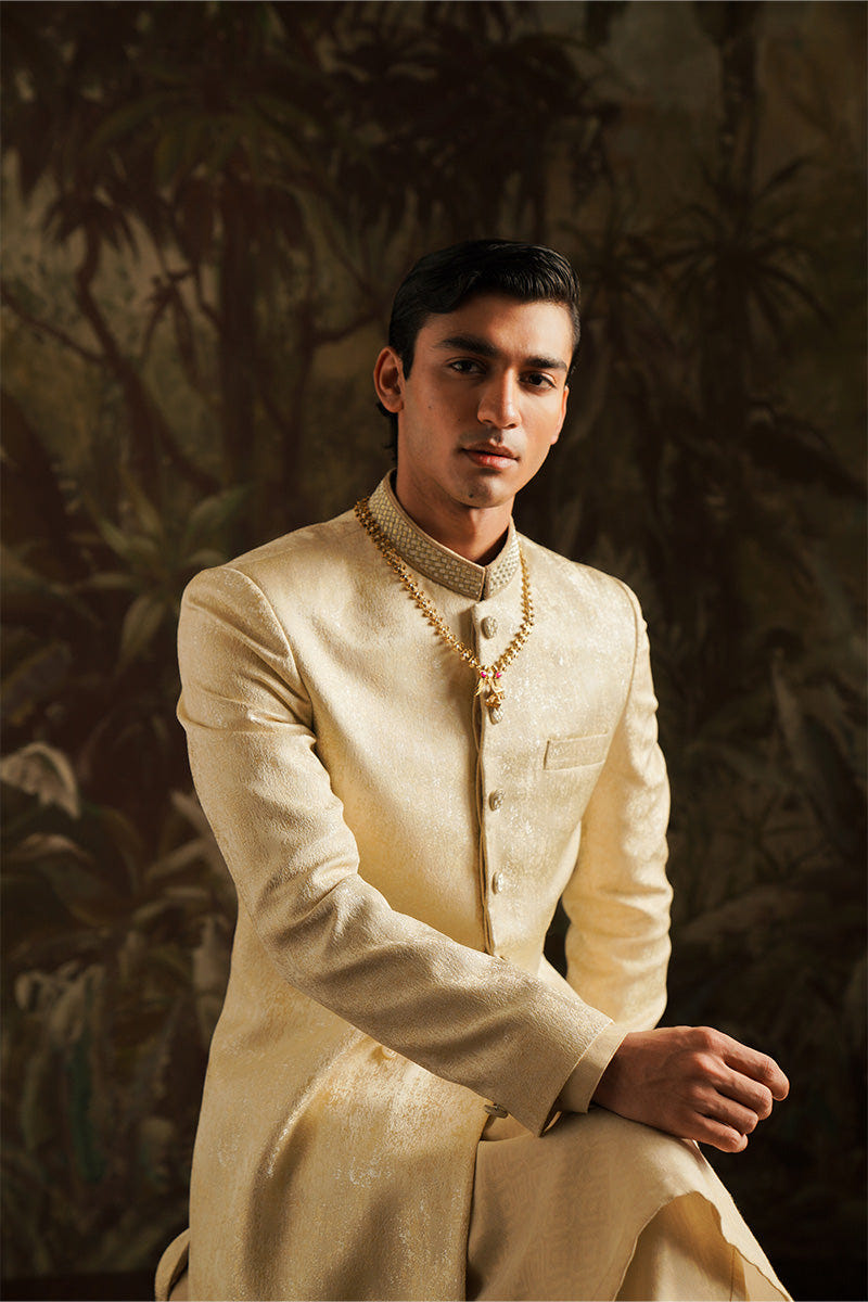 Republic By Omar Farooq | Sherwani Couture | "Azar" Beige Embroidered Sherwani -  Republic by Omar Farooq SHERWANI COUTURE - Original Designer Dress - House of Maryam