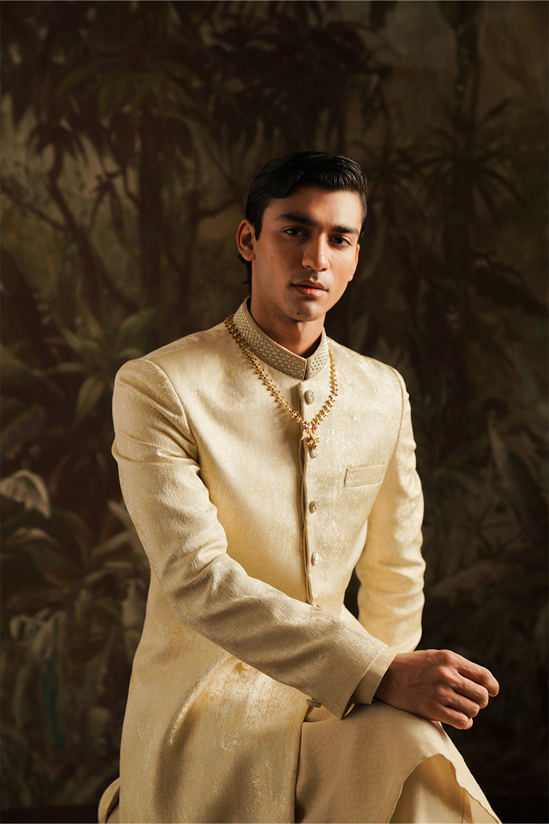 Republic By Omar Farooq | Sherwani Couture | "Azar" Beige Embroidered Sherwani -  Republic by Omar Farooq SHERWANI COUTURE - Original Designer Dress - House of Maryam