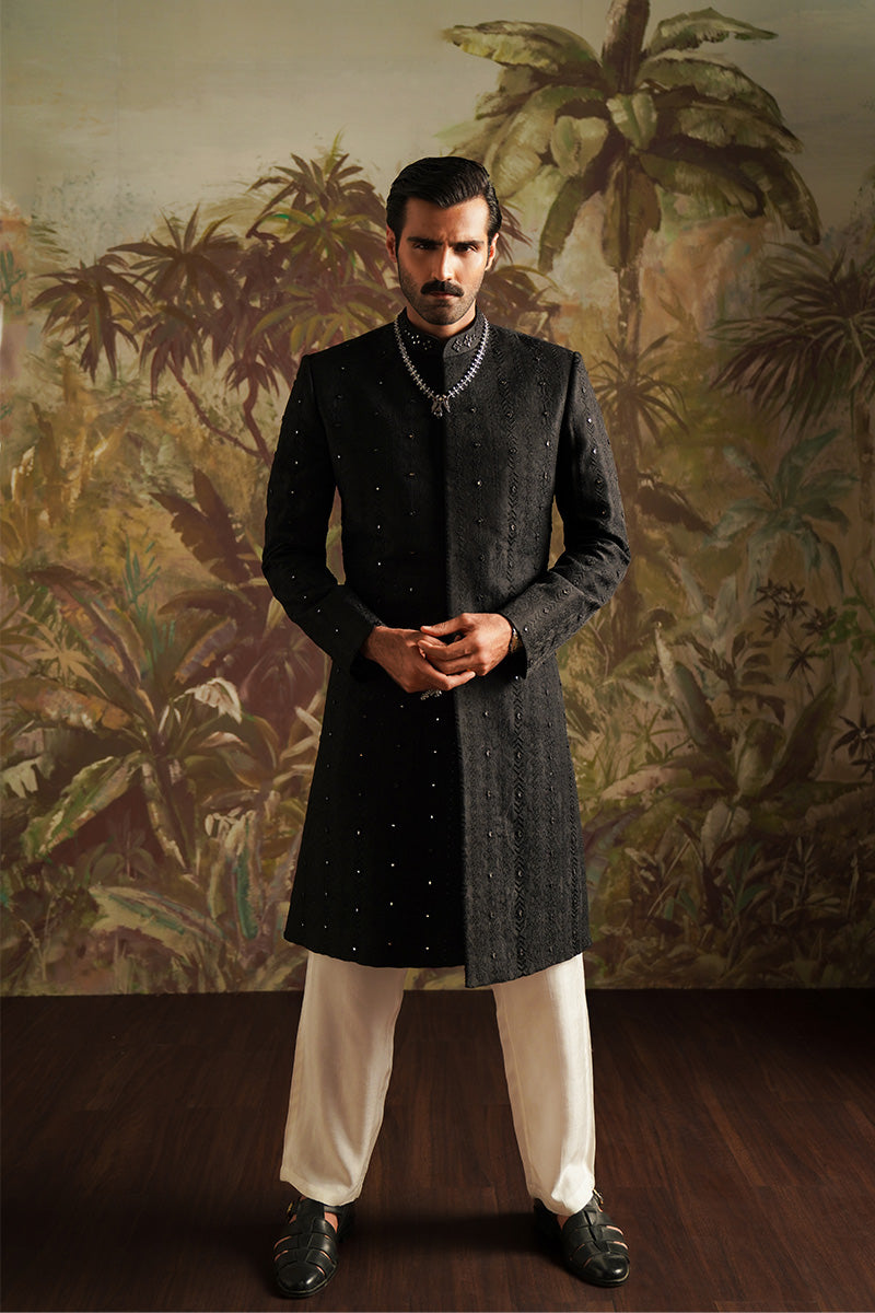 Republic By Omar Farooq | Sherwani Couture | "Dar" Black Embroidered Sherwani