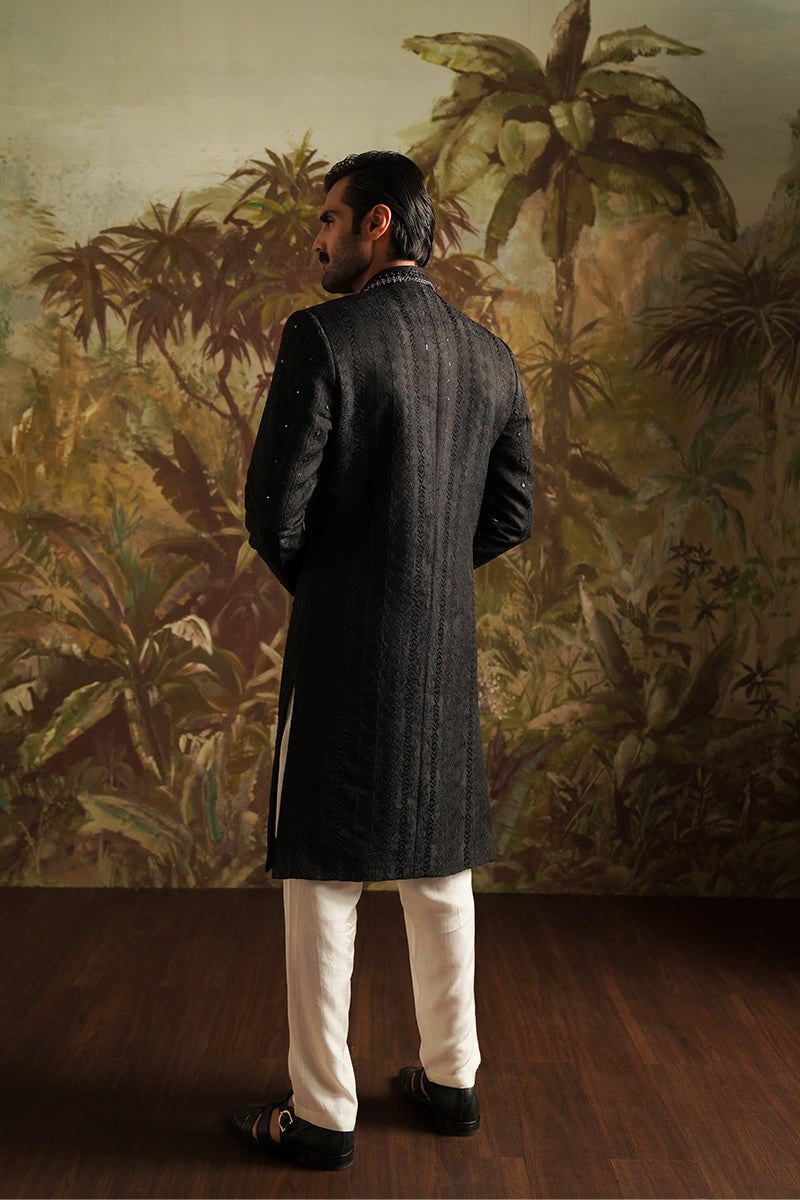 Republic By Omar Farooq | Sherwani Couture | "Dar" Black Embroidered Sherwani -  Republic by Omar Farooq SHERWANI COUTURE - Original Designer Dress - House of Maryam