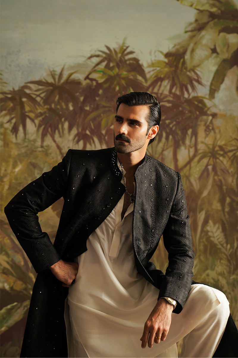 Republic By Omar Farooq | Sherwani Couture | "Dar" Black Embroidered Sherwani -  Republic by Omar Farooq SHERWANI COUTURE - Original Designer Dress - House of Maryam