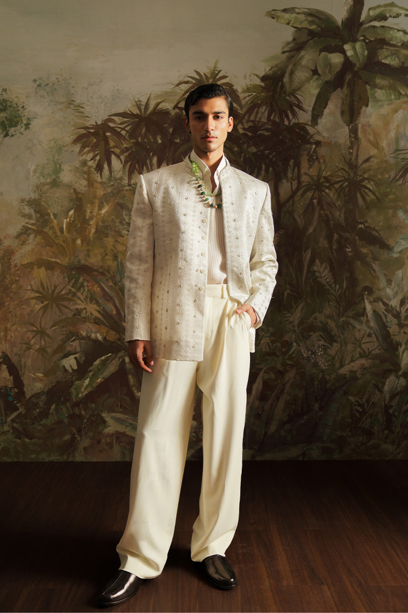 Republic By Omar Farooq | Bandhgala Suit | "Fazal" White Embroidered Bandhgala Jacket -  Republic by Omar Farooq Bandhgala Suit - Original Designer Dress - House of Maryam
