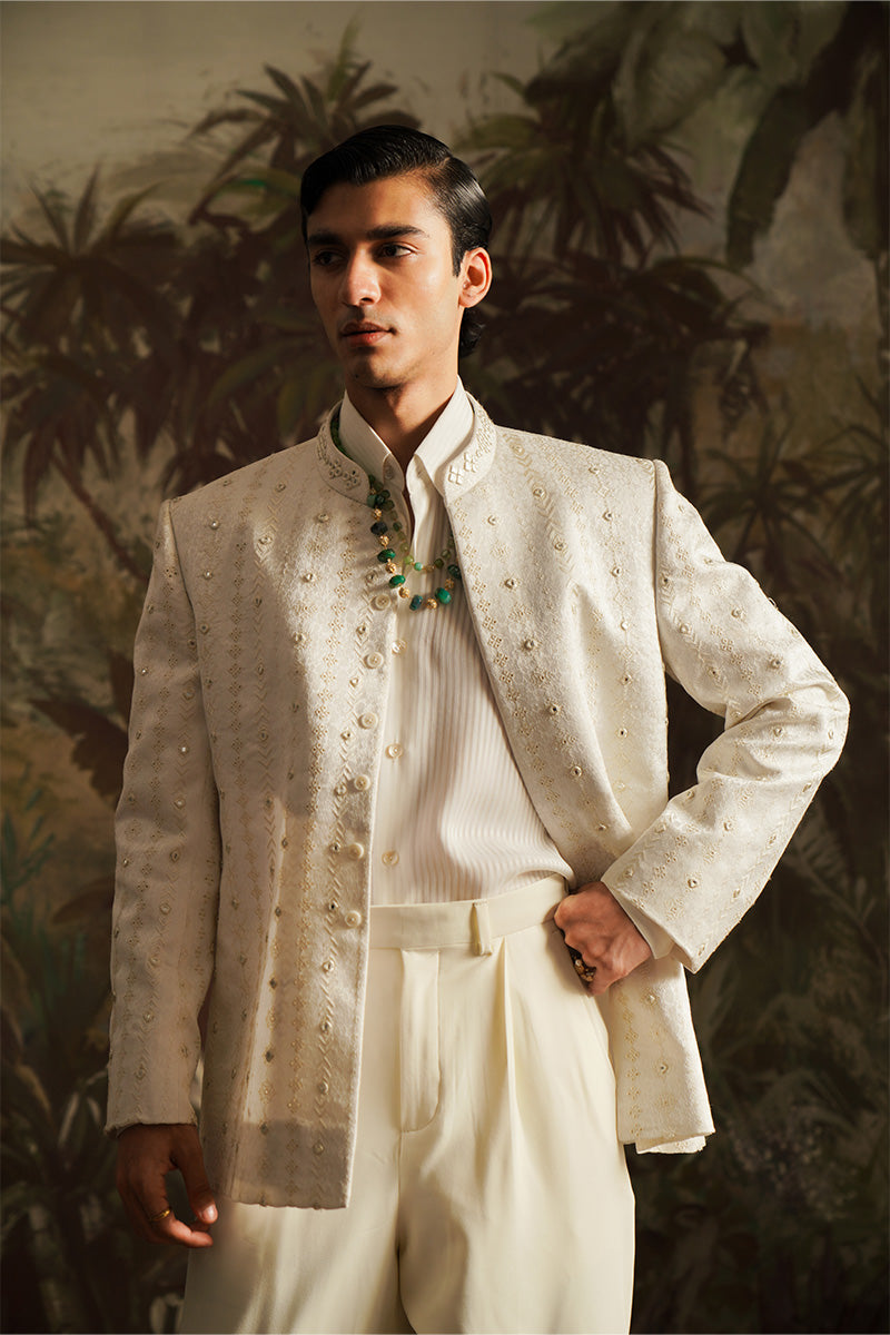 Republic By Omar Farooq | Bandhgala Suit | "Fazal" White Embroidered Bandhgala Jacket