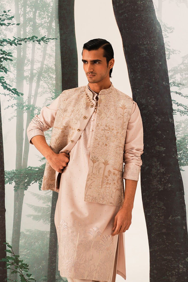 Republic By Omar Farooq | Luxury Rtw | 'Farzam' Hand Embroidered Coral Pink Waistcoat -  Republic by Omar Farooq Luxury RTW - Original Designer Dress - House of Maryam