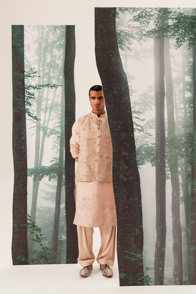 Republic By Omar Farooq | Luxury Rtw | 'Farzam' Hand Embroidered Coral Pink Waistcoat -  Republic by Omar Farooq Luxury RTW - Original Designer Dress - House of Maryam