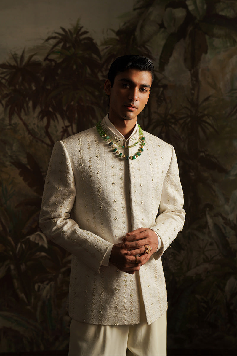 Republic By Omar Farooq | Bandhgala Suit | "Fazal" White Embroidered Bandhgala Jacket -  Republic by Omar Farooq Bandhgala Suit - Original Designer Dress - House of Maryam