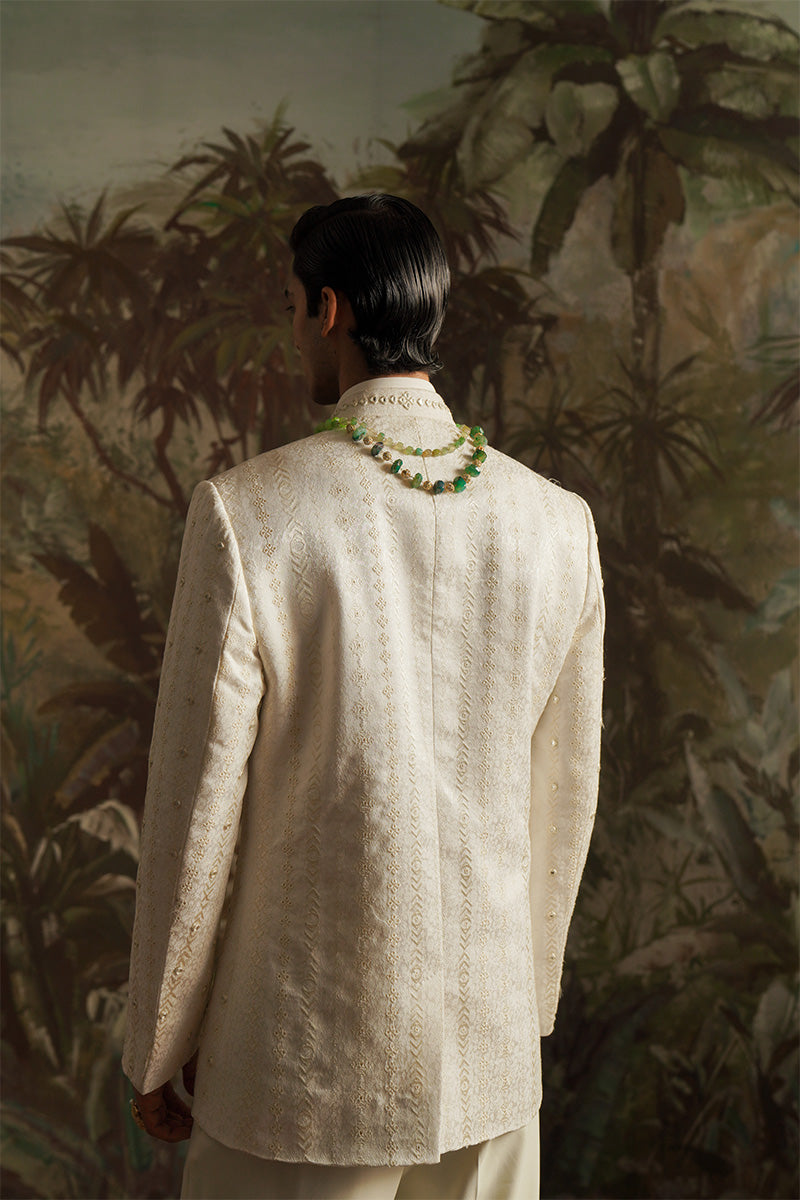 Republic By Omar Farooq | Bandhgala Suit | "Fazal" White Embroidered Bandhgala Jacket -  Republic by Omar Farooq Bandhgala Suit - Original Designer Dress - House of Maryam