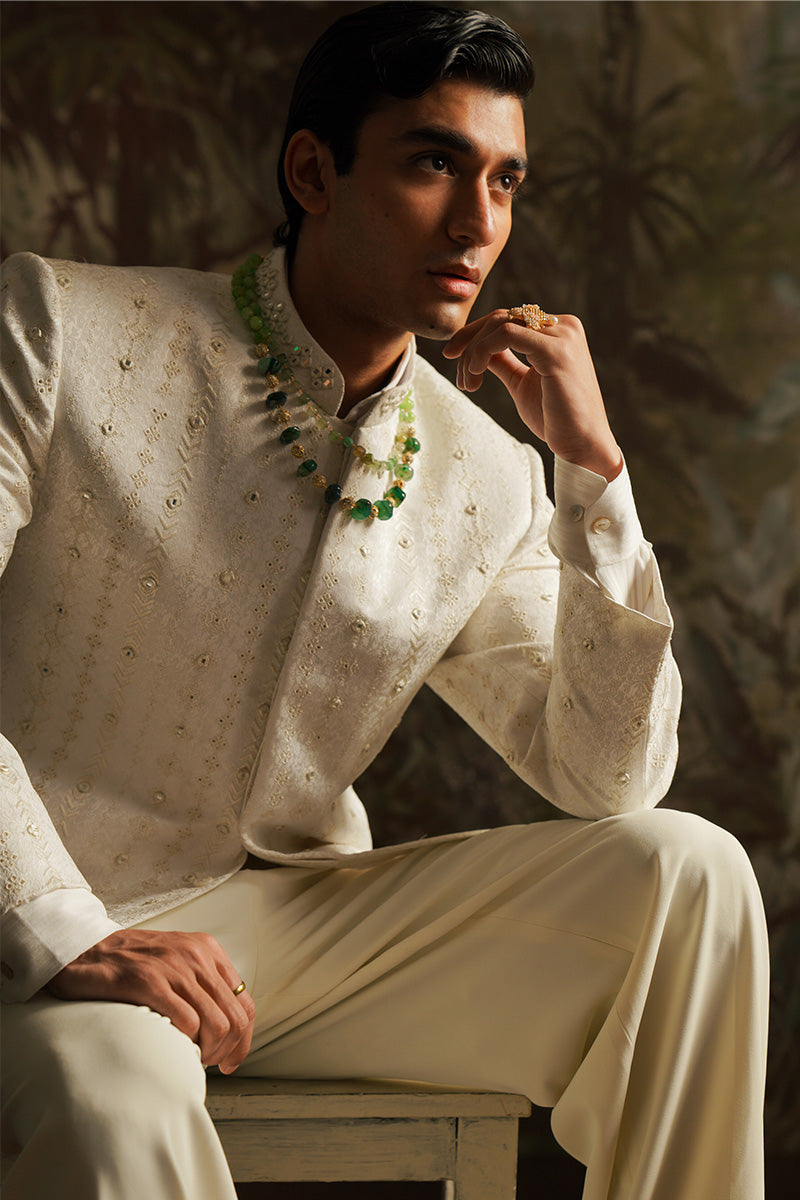 Republic By Omar Farooq | Bandhgala Suit | "Fazal" White Embroidered Bandhgala Jacket -  Republic by Omar Farooq Bandhgala Suit - Original Designer Dress - House of Maryam
