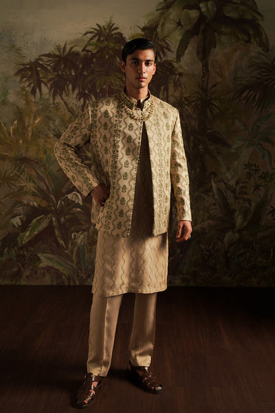 Republic By Omar Farooq | Bandhgala Suit | "Wasif" Beige Embroidered Bandhgala Jacket -  Republic by Omar Farooq Bandhgala Suit - Original Designer Dress - House of Maryam