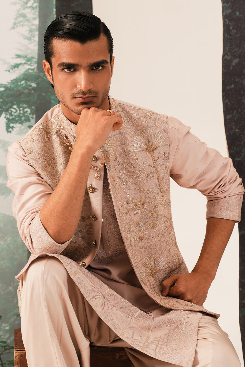 Republic By Omar Farooq | Luxury Rtw | 'Farzam' Hand Embroidered Coral Pink Waistcoat -  Republic by Omar Farooq Luxury RTW - Original Designer Dress - House of Maryam