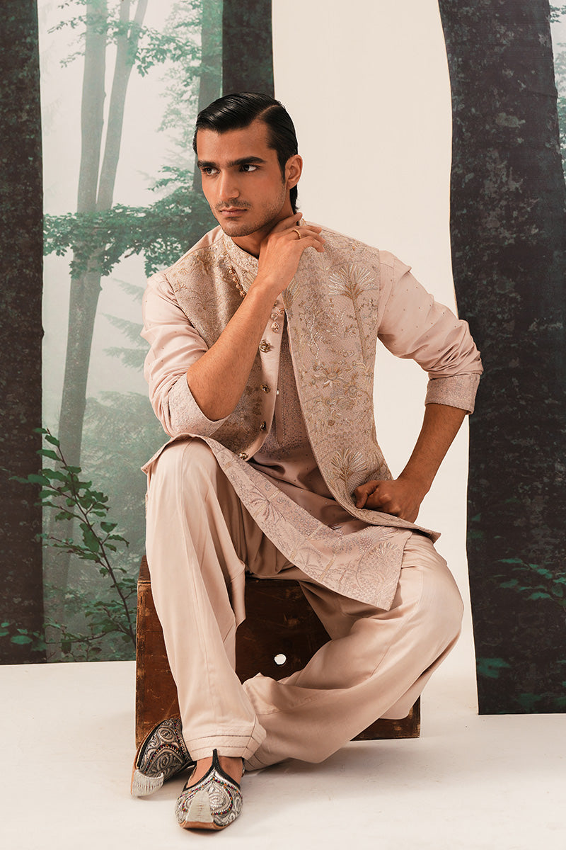 Republic By Omar Farooq | Luxury Rtw | 'Farzam' Hand Embroidered Coral Pink Waistcoat -  Republic by Omar Farooq Luxury RTW - Original Designer Dress - House of Maryam