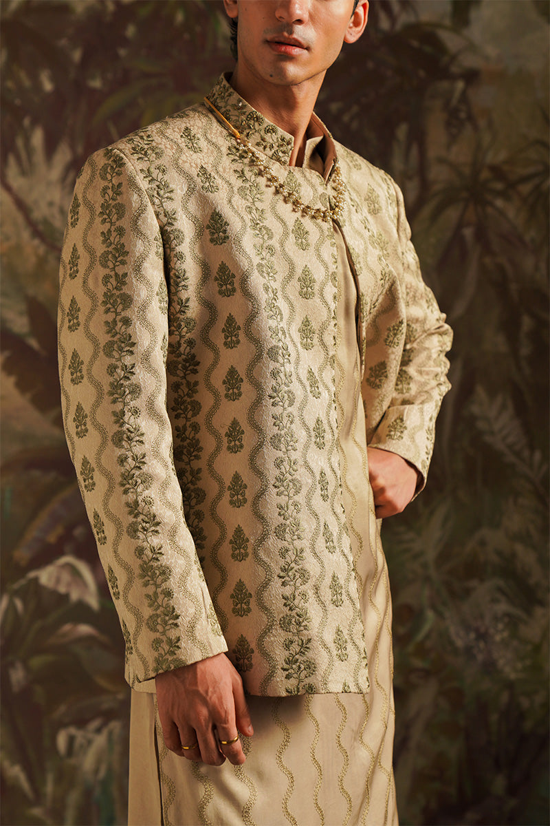 Republic By Omar Farooq | Bandhgala Suit | "Wasif" Beige Embroidered Bandhgala Jacket -  Republic by Omar Farooq Bandhgala Suit - Original Designer Dress - House of Maryam
