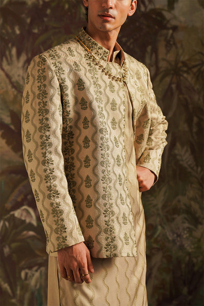 Republic By Omar Farooq | Bandhgala Suit | "Wasif" Beige Embroidered Bandhgala Jacket -  Republic by Omar Farooq Bandhgala Suit - Original Designer Dress - House of Maryam