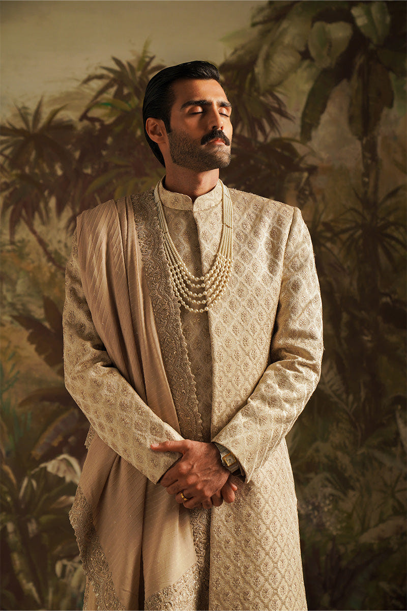 Republic By Omar Farooq | Luxury Rtw | "Hasnain" Champagne Embroidered Shawl -  Republic by Omar Farooq Luxury RTW - Original Designer Dress - House of Maryam