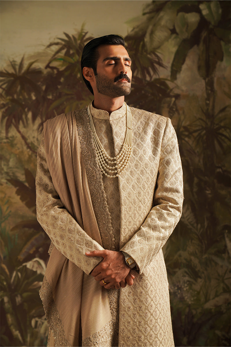 Republic By Omar Farooq | Luxury Rtw | "Hasnain" Champagne Embroidered Shawl -  Republic by Omar Farooq Luxury RTW - Original Designer Dress - House of Maryam