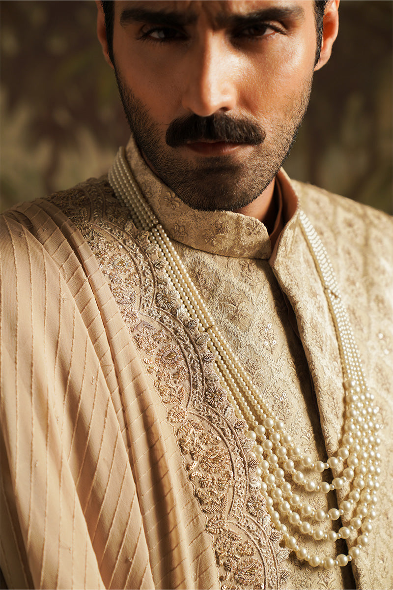 Republic By Omar Farooq | Luxury Rtw | "Hasnain" Champagne Embroidered Shawl