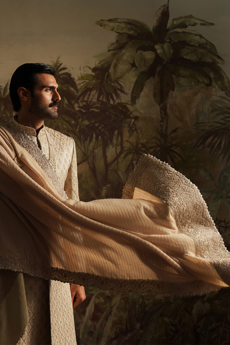 Republic By Omar Farooq | Luxury Rtw | "Hasnain" Champagne Embroidered Shawl -  Republic by Omar Farooq Luxury RTW - Original Designer Dress - House of Maryam