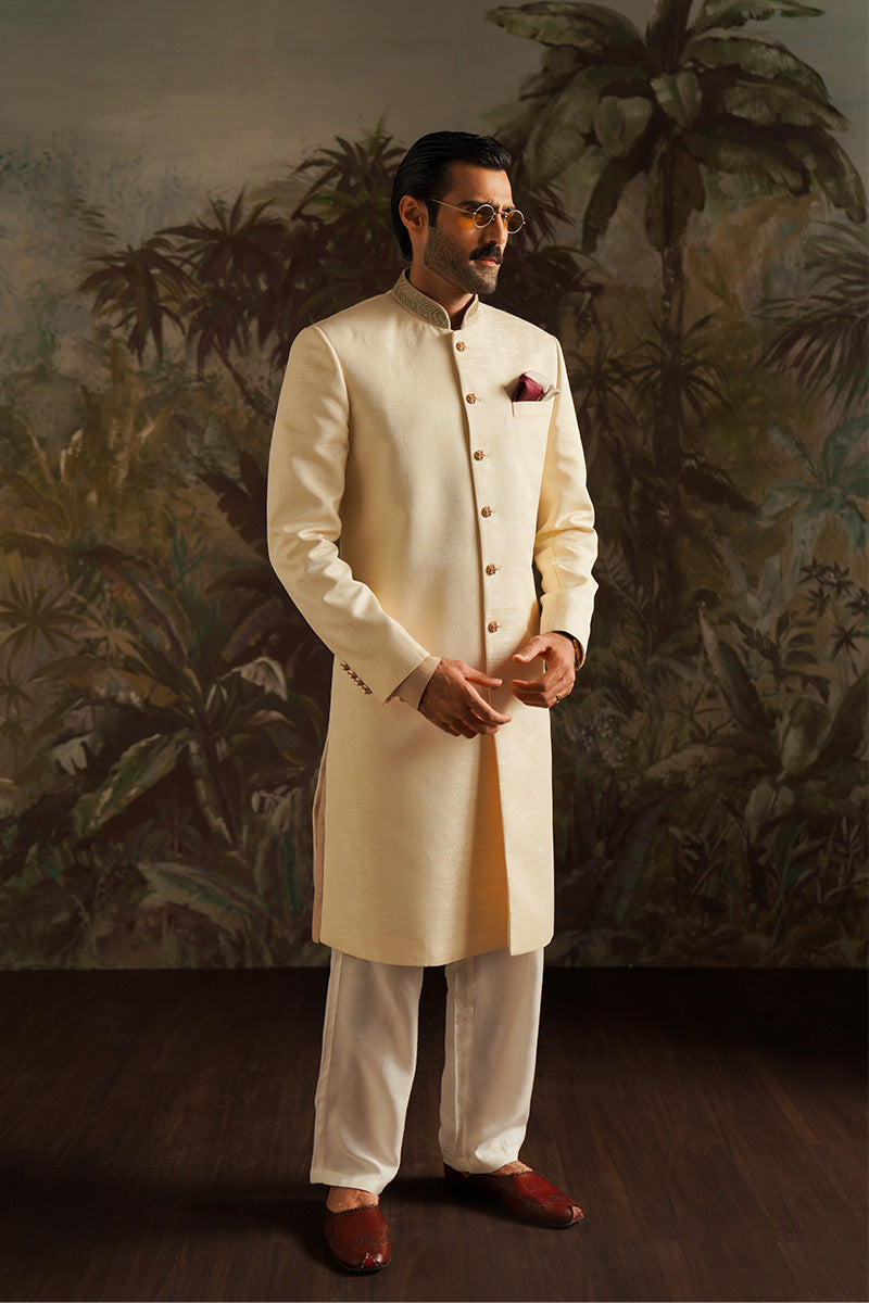 Republic By Omar Farooq | Sherwani Couture | "Umair" Pearl White Embroidered Sherwani
