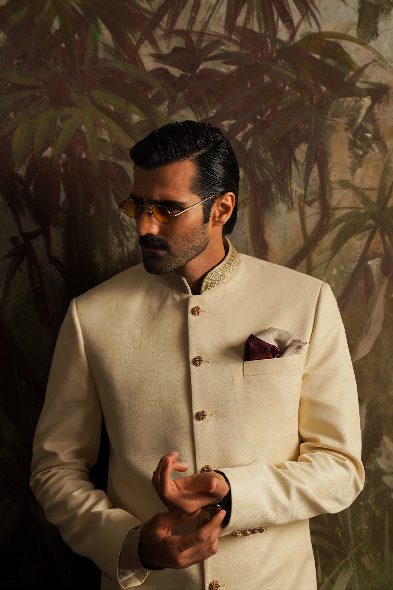 Republic By Omar Farooq | Sherwani Couture | "Umair" Pearl White Embroidered Sherwani -  Republic by Omar Farooq SHERWANI COUTURE - Original Designer Dress - House of Maryam