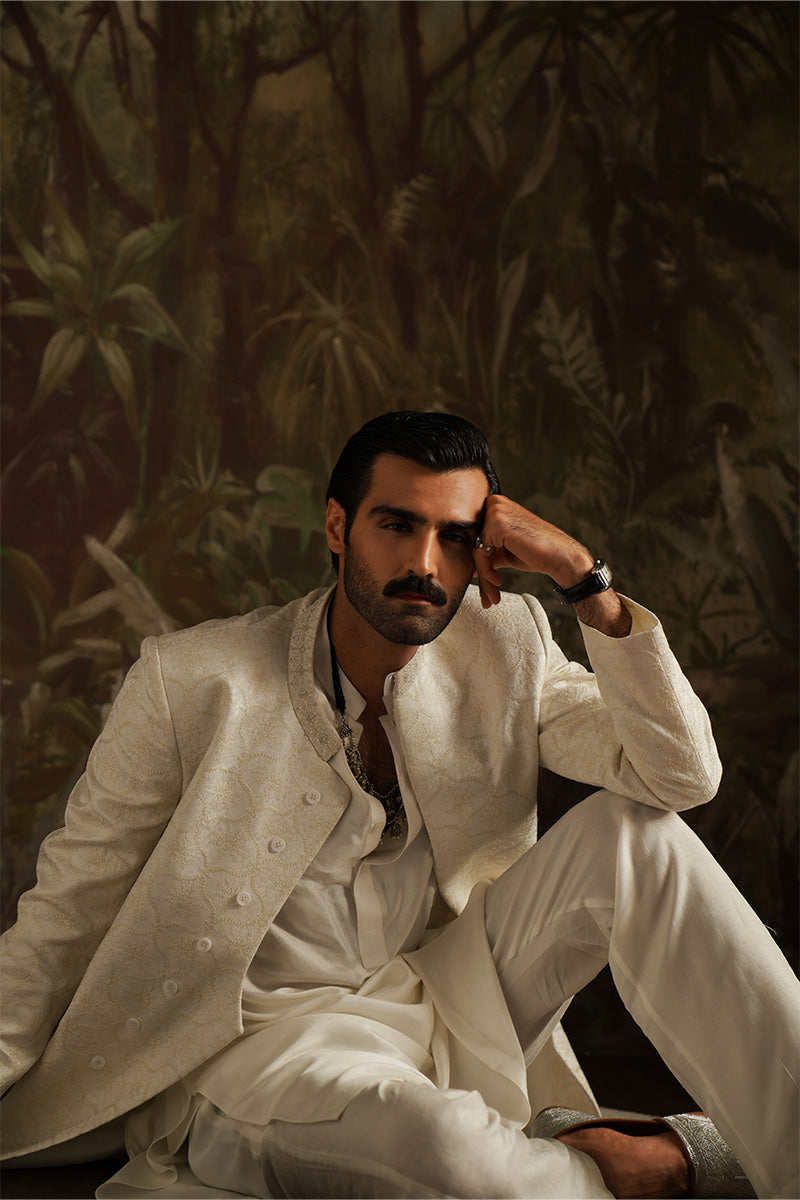 Republic By Omar Farooq | Sherwani Couture | "Abdul" Ivory White Embroidered Sherwani