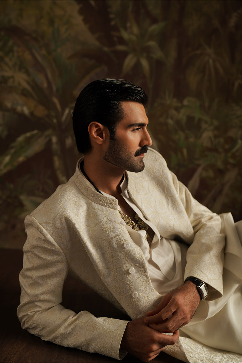 Republic By Omar Farooq | Sherwani Couture | "Abdul" Ivory White Embroidered Sherwani -  Republic by Omar Farooq SHERWANI COUTURE - Original Designer Dress - House of Maryam