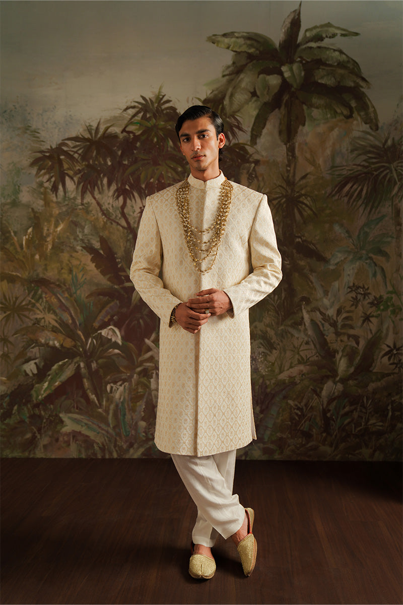 Republic By Omar Farooq | Sherwani Couture | "Jamal" Pearl White Embroidered Sherwani