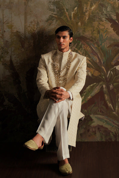 Republic By Omar Farooq | Sherwani Couture | "Jamal" Pearl White Embroidered Sherwani -  Republic by Omar Farooq SHERWANI COUTURE - Original Designer Dress - House of Maryam