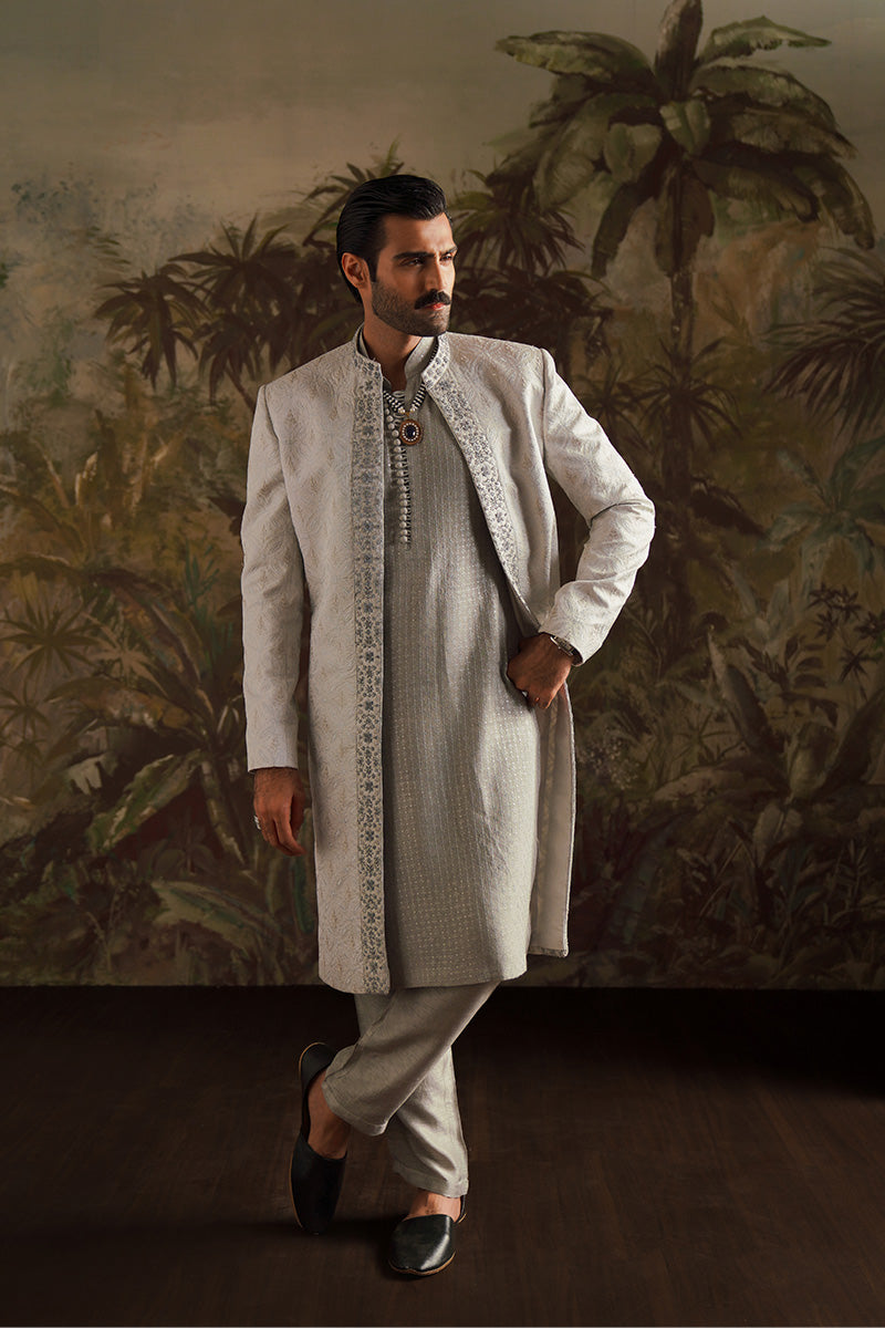 Republic By Omar Farooq | Sherwani Couture | "Alyan" Ice Grey Embroidered Sherwani -  Republic by Omar Farooq SHERWANI COUTURE - Original Designer Dress - House of Maryam