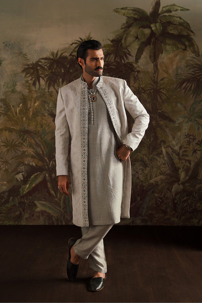 Republic By Omar Farooq | Luxury Rtw | "Alyan" Ice Grey Embroidered Kurta Pajama -  Republic by Omar Farooq Luxury RTW - Original Designer Dress - House of Maryam