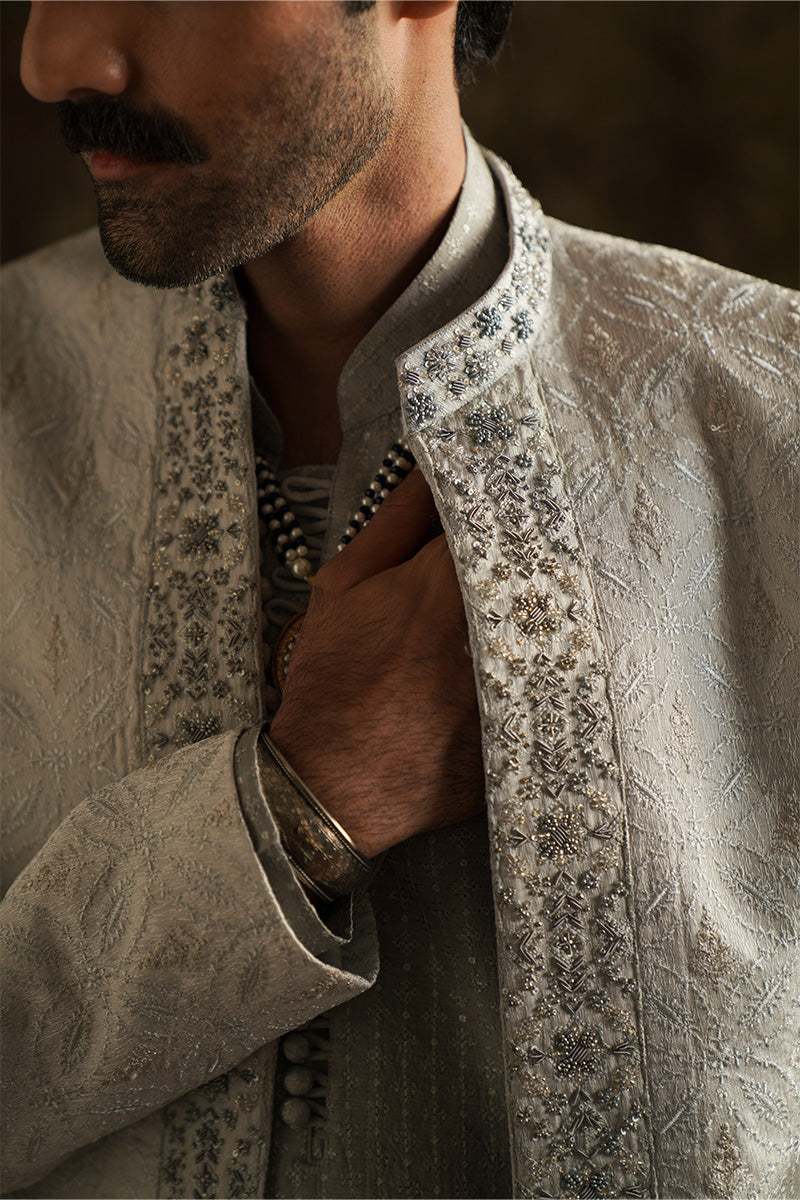Republic By Omar Farooq | Sherwani Couture | "Alyan" Ice Grey Embroidered Sherwani -  Republic by Omar Farooq SHERWANI COUTURE - Original Designer Dress - House of Maryam
