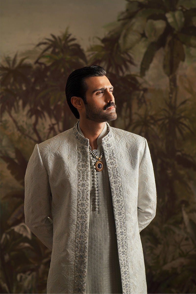 Republic By Omar Farooq | Luxury Rtw | "Alyan" Ice Grey Embroidered Kurta Pajama -  Republic by Omar Farooq Luxury RTW - Original Designer Dress - House of Maryam