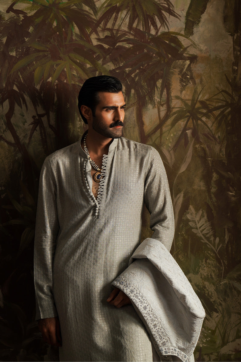 Republic By Omar Farooq | Sherwani Couture | "Alyan" Ice Grey Embroidered Sherwani -  Republic by Omar Farooq SHERWANI COUTURE - Original Designer Dress - House of Maryam