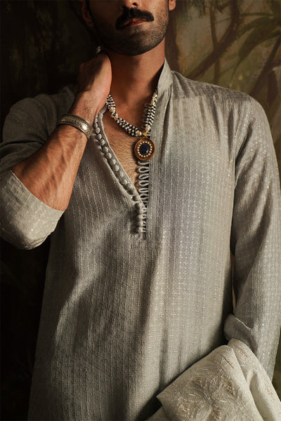 Republic By Omar Farooq | Luxury Rtw | "Alyan" Ice Grey Embroidered Kurta Pajama -  Republic by Omar Farooq Luxury RTW - Original Designer Dress - House of Maryam