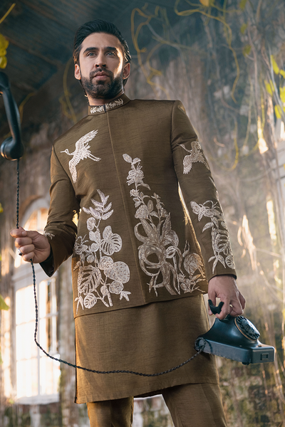 Republic By Omar Farooq | Luxury Rtw | Brown Embroidered Prince Coat -  Republic by Omar Farooq Luxury RTW - Original Designer Dress - House of Maryam
