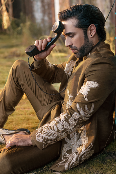 Republic By Omar Farooq | Luxury Rtw | Brown Embroidered Prince Coat -  Republic by Omar Farooq Luxury RTW - Original Designer Dress - House of Maryam