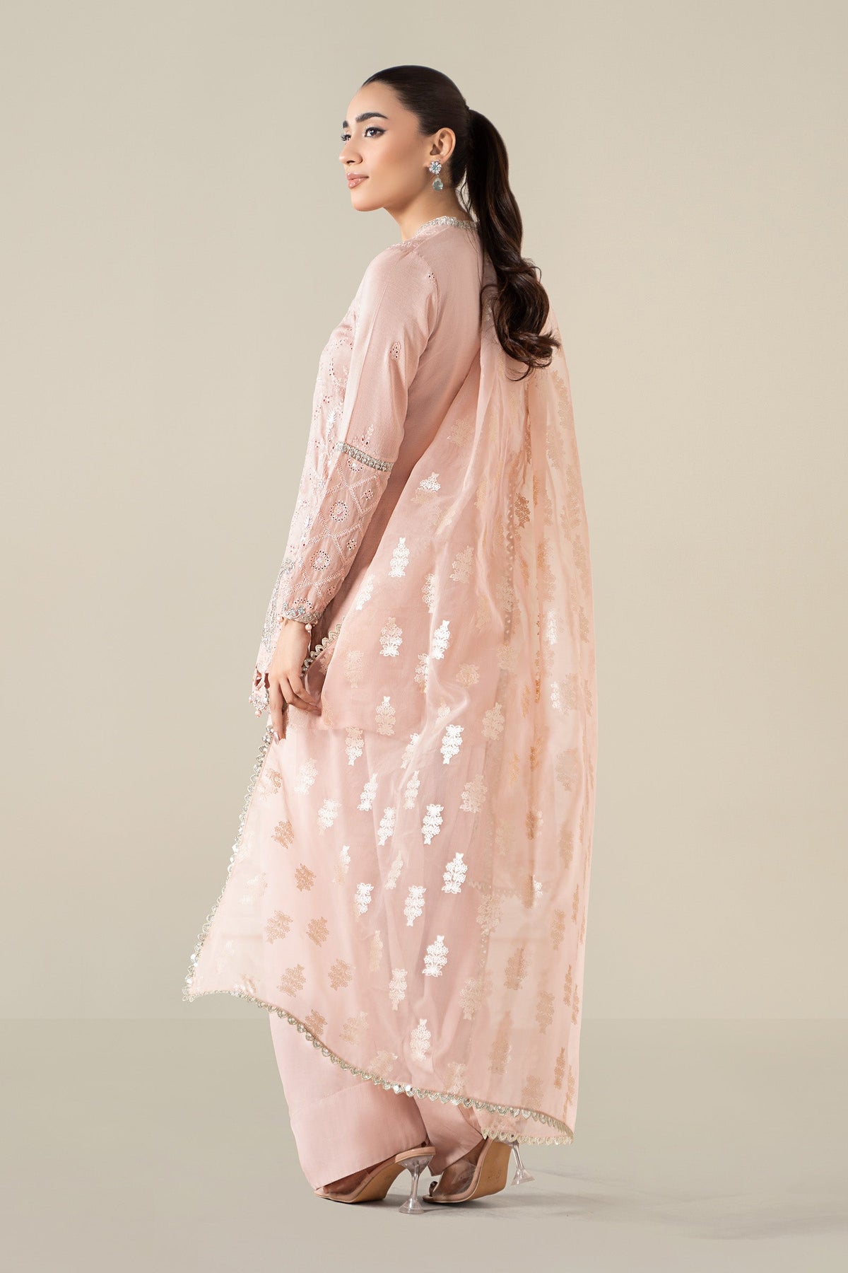Maria B | Pre Fall Dresses | 3 Piece Embroidered Paper Cotton Suit Pink, image 2