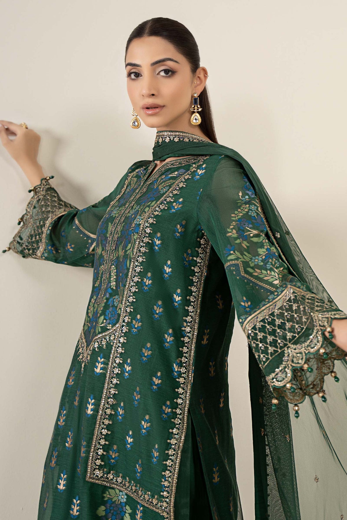 Maria B | Pre Fall Dresses | 3 Piece Embroidered Jacquard Suit Dark Teal Green, image 3
