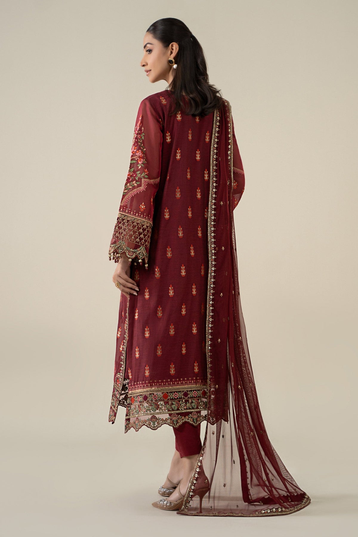 Maria B | Pre Fall Dresses | 3 Piece Embroidered Jacquard Suit Red-2
