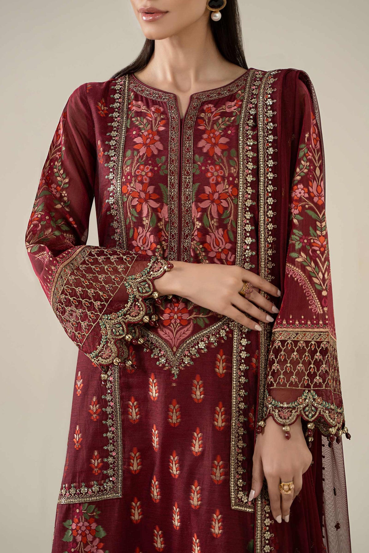 Maria B | Pre Fall Dresses | 3 Piece Embroidered Jacquard Suit Red-3