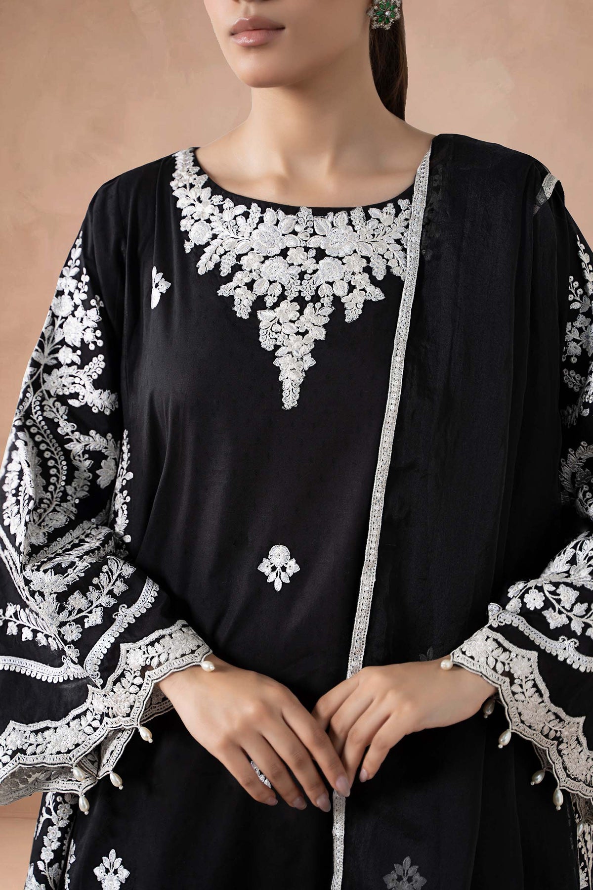 Maria B | Pre Fall Dresses  | 3 Piece Embroidered Self Jacquard Suit Black-4