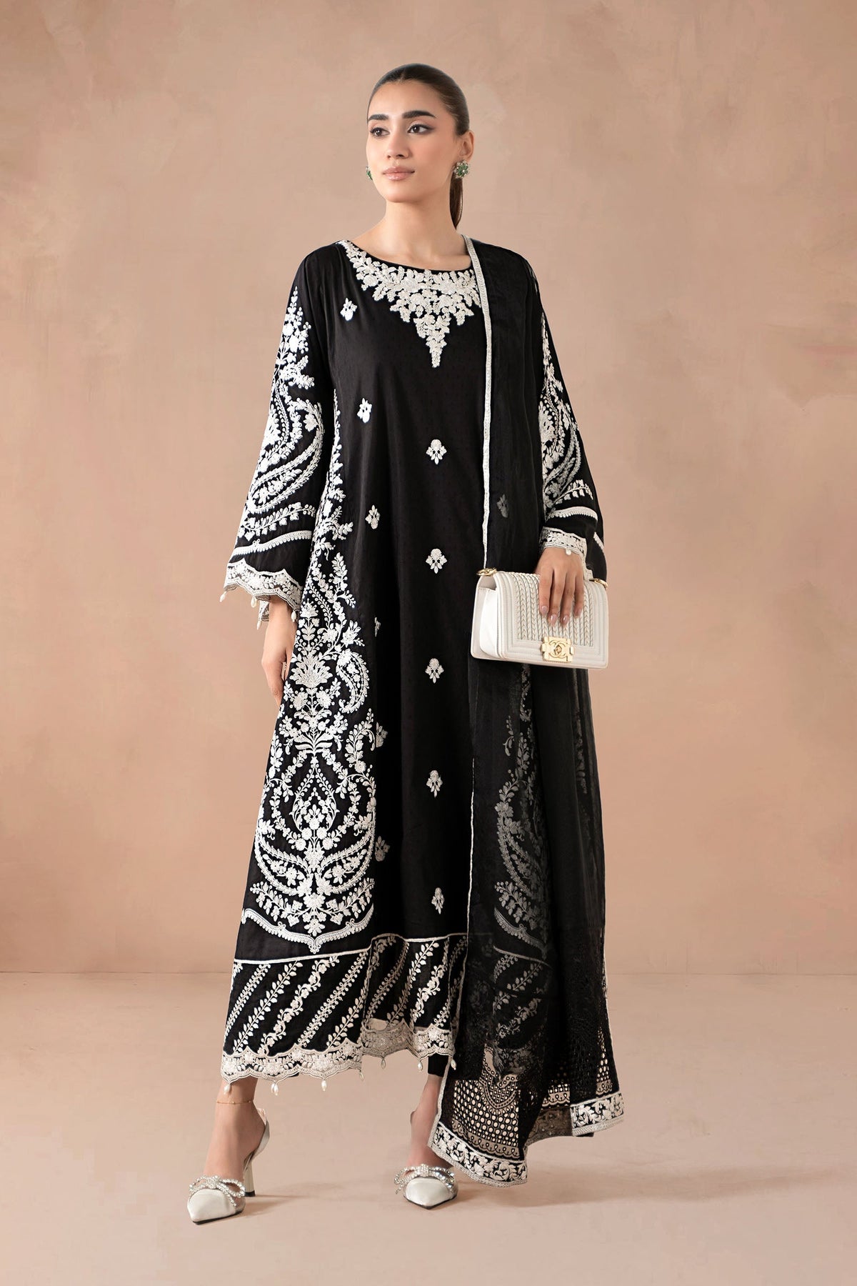 Maria B | Pre Fall Dresses  | 3 Piece Embroidered Self Jacquard Suit Black-1