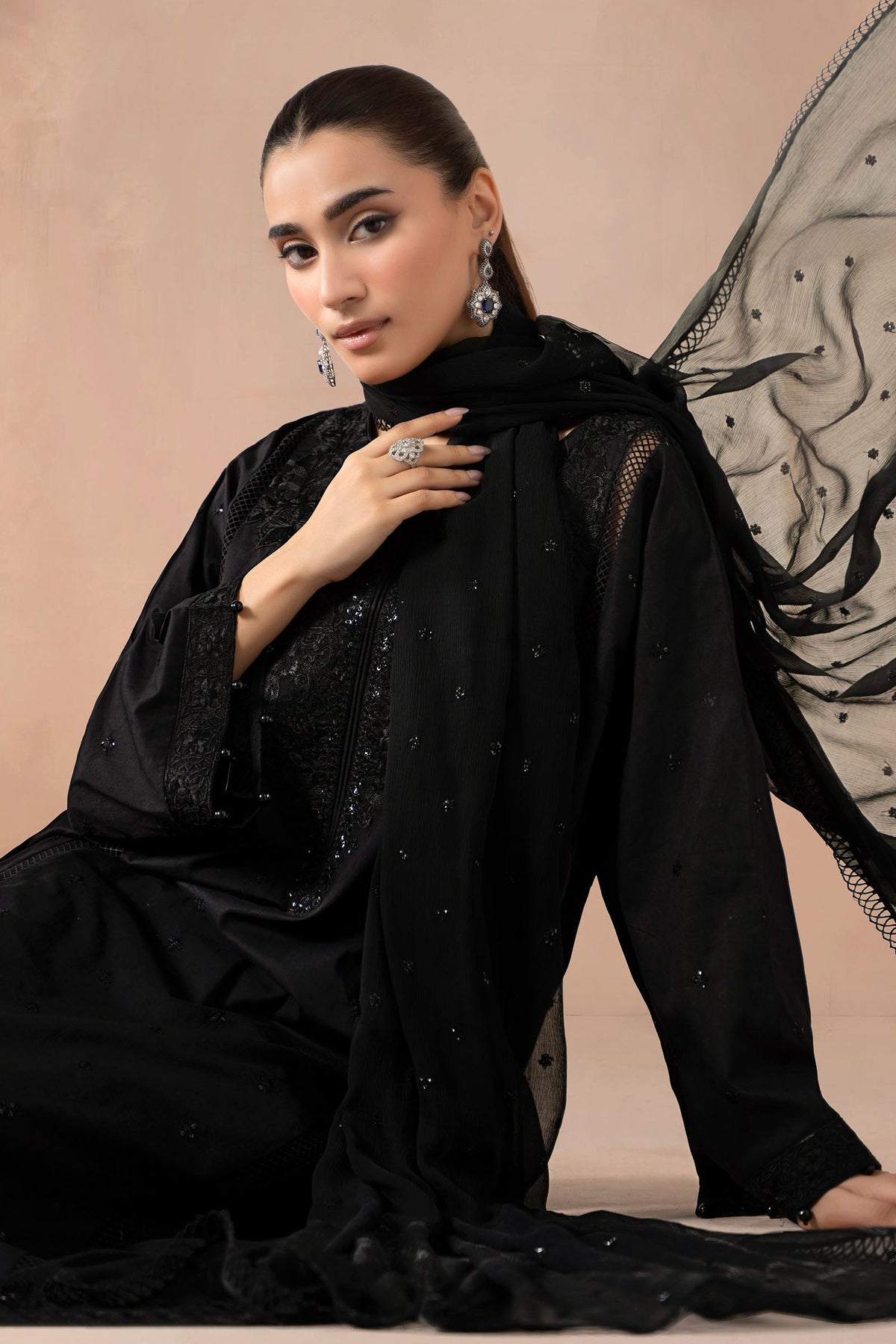 Maria B | Pre Fall Dresses | 3 Piece Embroidered Self Jacquard Suit Black1, image 3