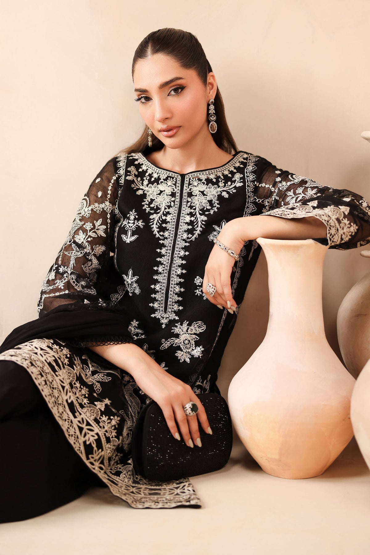 Maria B | Pre Fall Dresses | 3 Piece Embroidered Cotton Net Suit Black, image 4