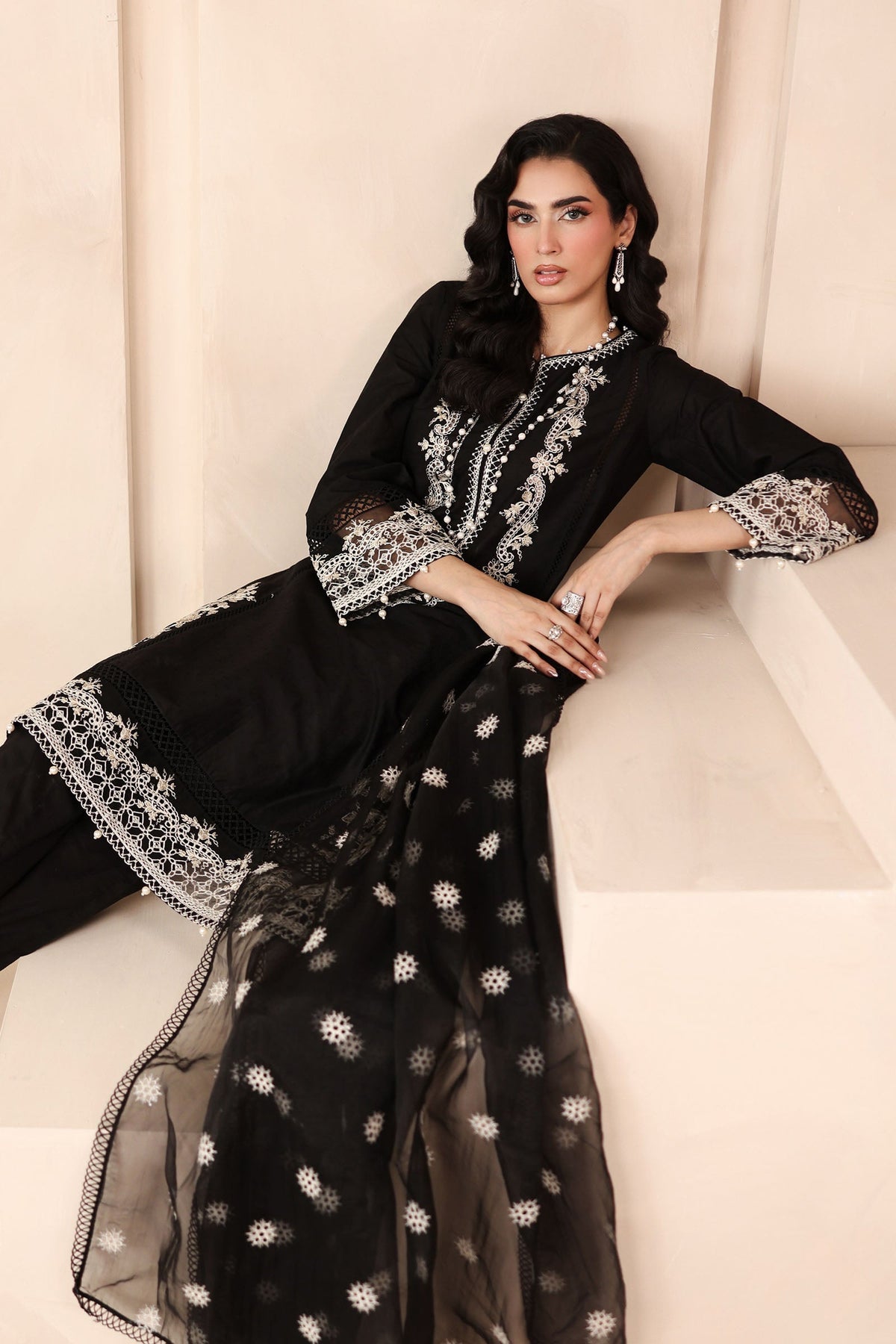 Maria B | Pre Fall Dresses | 3 Piece Embroidered Dobby Suit Black3, image 4