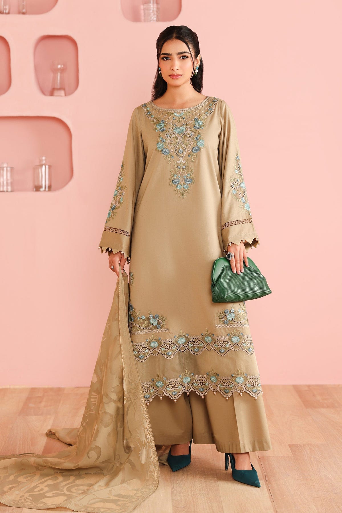 Maria B | Pre Fall Dresses | 3 Piece Embroidered Dobby Suit Coffee
