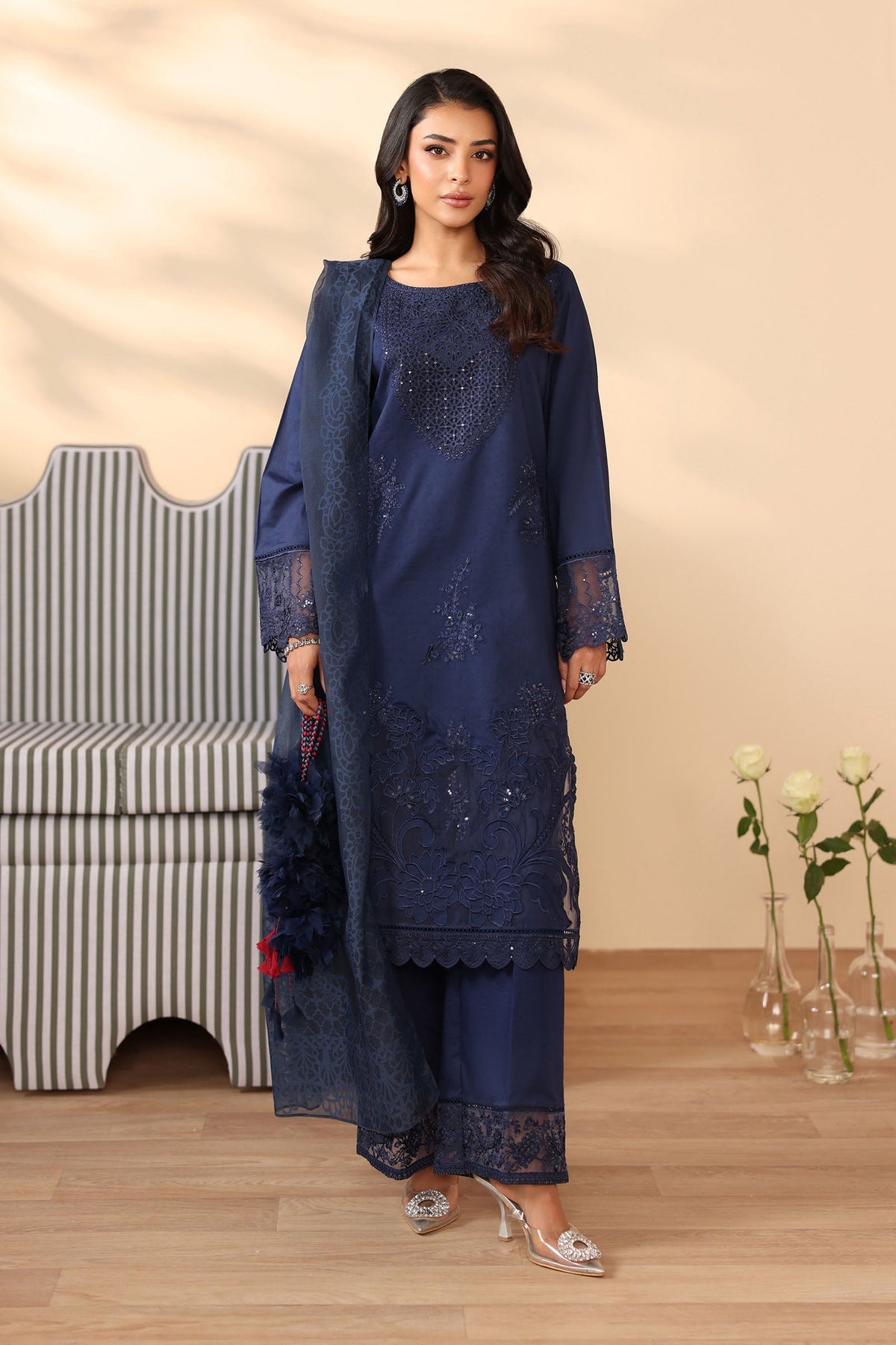 Maria B | Pre Fall Dresses | 3 Piece Embroidered Dobby Suit Navy Blue