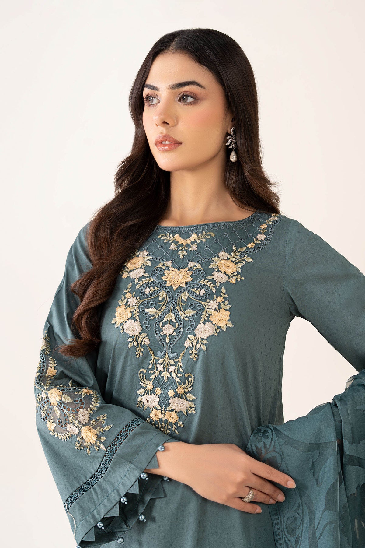 Maria B | Pre Fall Dresses | 3 Piece Embroidered Dobby Suit Teal, image 4
