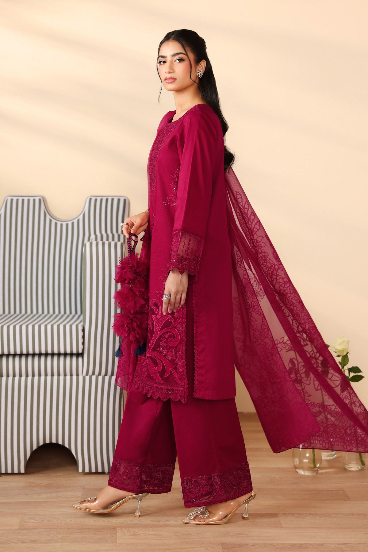 Maria B | Pre Fall Dresses | 3 Piece Embroidered Dobby Suit Maroon, image 3