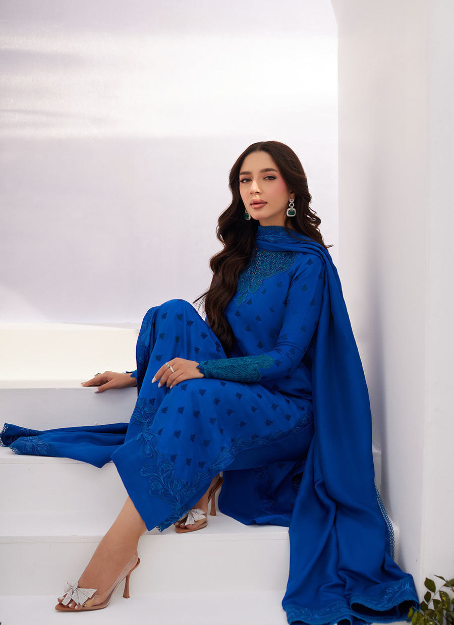 Farah Talib Aziz | Zaza Luxe Pret 24 | CHARR BLUE EMBROIDERED RAW SILK SHIRT AND DUPATTA -  Farah Talib Aziz Luxury - Original Designer Dress - House of Maryam
